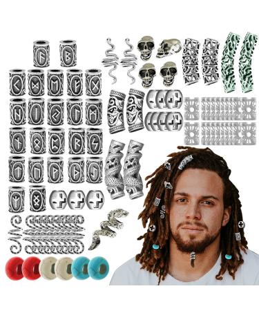 85Pcs Viking Norse Rune Beard Beads Ring Hair Braids Dreadlock Dreads Skull Snake Wolf Cross Turquoise Filigree Cuff Pirate Accessories Clips Pins Tube Locs Hair Extension Jewelry Vintage Silver
