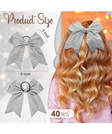 40 Pcs 8 Glitter Cheer Hair Bows Bulk - Silver Shiny Ponytail Holders for Cheerleaders - Buy Online on SooperMarket.com