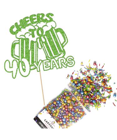 Cakeshop Cake Decoration Pack | Cheers Beers Happy Birthday Premium Double Sided Glitter Card Cake Topper & 25g Party Pack of Cake Sugar Sprinkles | Custom Age Cake Decorations (Green) Non-Prime Glitter Card: Green