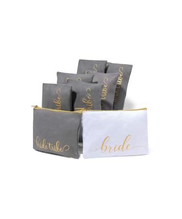 8 Piece Set | Bride Tribe Bridesmaid Gifts Bags, Canvas Makeup Bags Cosmetic Clutch & Purse | Bachelorette Party Favors | Bridesmaid Proposal Box for Wedding Bridal Shower - Charcoal Set of 8 Charcoal