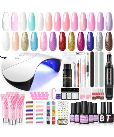 Gel Nail Polish Kit with U V Light and Drill Starter Kit 10pcs Gel Polish and 3PC Poly Extension Gel Glitter Nail Rhinestones Decoration Powders Stickers Gel Manicure Kit at Home Gifts for Women