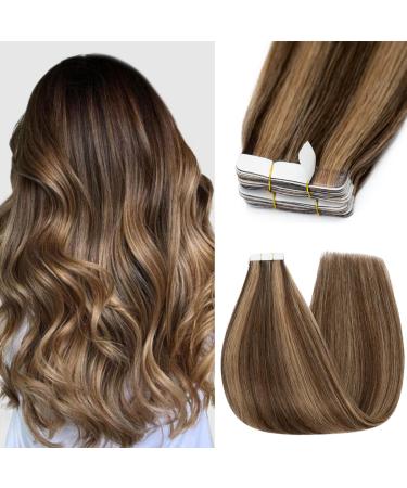 Silk-Co Tape in Extensions Real Hair 55cm Chocolate Brown Balayage 25g 10pcs Tape Extensions Skin Weft Hair Extension Real Hair Hair Extensions Tape Glue 4P27# Chocolate Brown Mix Dark Blond