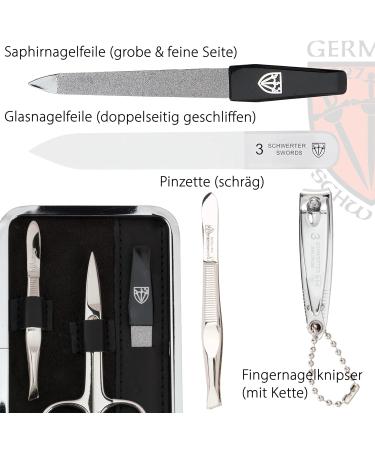Three Swords Germany 6-Piece Manicure Set 'Genova' - Real Leather Black Nail Tui with Scissors Clippers Glass & Sapphire Nail Files Tweezers - Buy Online on SooperMarket.com