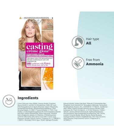L'Or al Paris Casting Cr me Gloss 801 Satin Blonde - Ammonia-Free Semi-Permanent Hair Dye with Honey-Infused Conditioner for Glossy Finish | Up to 28 Shampoos | 1 Pack - Buy Online on SooperMarket.com