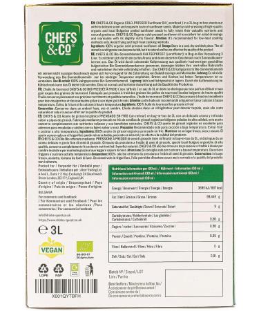 CHEFS & CO Organic COLD PRESSED Sunflower Oil | Unrefined | Premium Quality | Plant-Based Oil (3 L (Pack of 1)) 1 count (Pack of 1) - Buy Online on SooperMarket.com