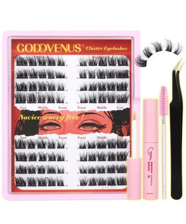 Goddvenus Eyelash Extension Kit Lash Extension Kit Wispy Lash Clusters Fluffy Eyelashes Cluster D Curl Lashes Individual Cluster DIY Individual Eyelashes with Glue and Lash Tweezers K-Cluster lash kit