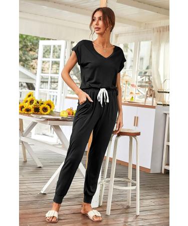 Prettigarden Women's 2 Piece Tracksuit Set - V Neck Short Sleeve Top and Long Pants Outfit Jogger Set in Black, Size Large - Buy Online on SooperMarket.com