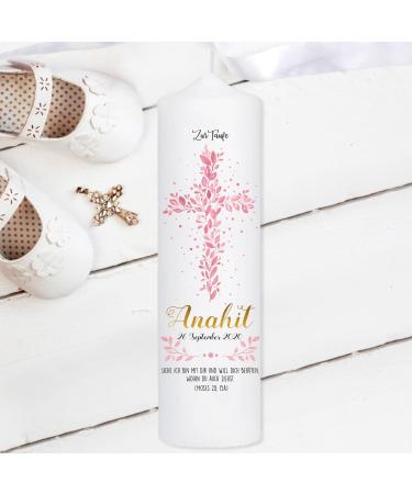 Wall decals loft baptismal candle with baptism motif holy cross made of pink leaves 25cm x 7cm personalized candle printed pink candle baptism stumping cerema individual baptism gift 25 x 7 cm