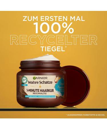 Garnier True Treasures Nourishing 1-Minute Hair Treatment | Argan & Almond Oil | Vegan Formula for Smooth Moisturized Hair | 340ml - Ideal for Dry Unruly Hair - Buy Online on SooperMarket.com