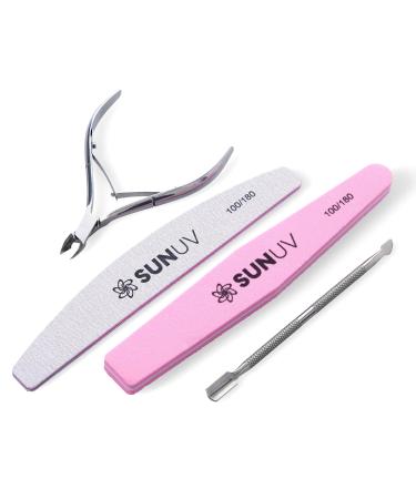 SUNUV 4PCS Cuticle Nippers Cuticle Pusher with Nail File and Buffer Set Cuticle Remover with Cuticle Trimmer Cuticle Cutter Professional Stainless Steel Durable Pedicure Manicure Nail Care Tools
