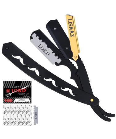 Lisaaz Straight Razors for men 100 Blades Black classic shaving razors for men professional finish mens razors for shaving stainless steel razor blades for men quality navajas para barbero 4.8 inch Matte Black Gold Clip wi