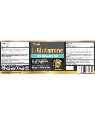Herba L-Glutamine Capsules 750mg 180 Vegetable Capsules | 3 000mg Per Serving | Free Form L Glutamine Supplement | NPN from Health Canada | Made & 3rd Party Tested in Canada - Buy Online on SooperMarket.com