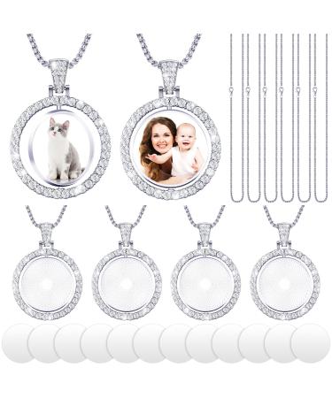 Fumete 24 Pcs Sublimation Rhinestone Bezel Trays Set  Including 6 Pcs Round Rhinestone Bezel Trays Double Sided Blank Pendant Charms 6 Pcs Thick Chains 12 Pcs Sublimation Discs for DIY Making (White)