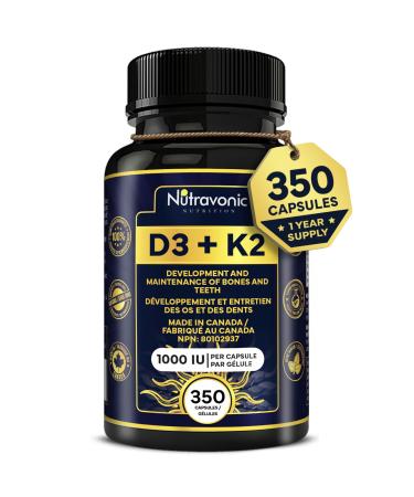 New! 350 Vegan Capsules of Vitamin D3 K2 High Potency 1000 IU D3 (25 mcg) / 120 mcg K2 (MK-7) - Year Long Supply Vitamin D - Helps Maintain Bone & Teeth Health - Formulated With MK-7 Natto Bean For Best Results - Immune System Support Vegan - Made In Cana