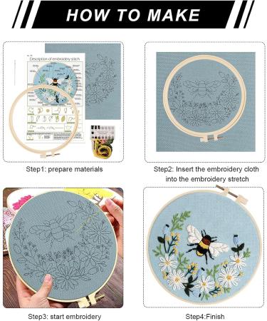 Lukinbox Embroidery Starter Kit for Beginners - 3 Cross Stitch Sets with Cute Bees and Flowers Patterns, Hoop, Threads, Needles & Instructions - Buy Online on SooperMarket.com