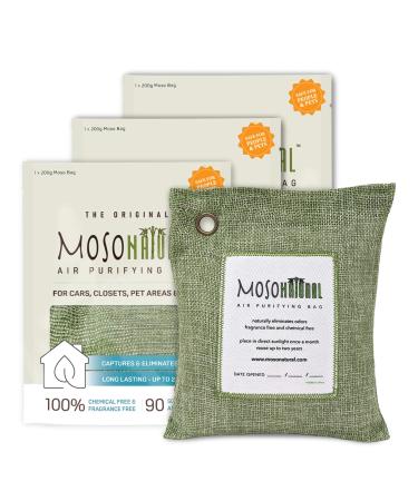 MOSO NATURAL Air Purifying Bag 200g (3 Pack). A Scent Free Odor Eliminator for Cars, Closets, Bathrooms, Pet Areas. Premium Moso Bamboo Charcoal Odor Absorber. (Green)