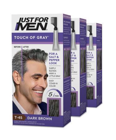 Just For Men Touch of Gray  Mens Hair Color Kit with Comb Applicator for Easy Application  Great for a Salt and Pepper Look - Dark Brown  T-45  Pack of 3 3 Count (Pack of 1) Dark Brown T-45