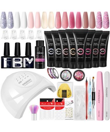 Phoenixy Poly Nail Gel Set Complete with UV Lamp 48W 8 Colors Poly Nail Gel Starter Set with Base Top Coat Do It Yourself Red Elegant