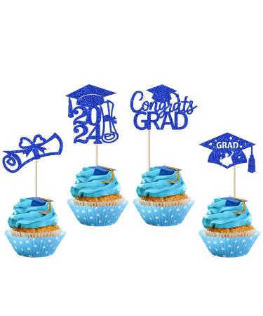 Rsstarxi 24 Pack 2024 Graduation Cupcake Toppers Glitter Congrats Grad 2024 Graduation Cap Diploma Cupcake Picks for Class of 2024 Graduation Theme Party Cake Decorations Blue