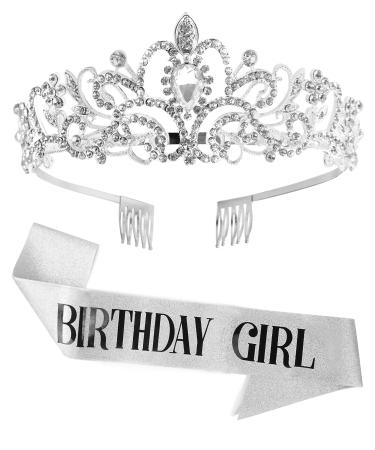 Birthday Crowns  Birthday Girl Sash & Birthday Tiara for Girls and Women  Silver Crystal Tiaras for Women and Girls Birthday Girl Crown