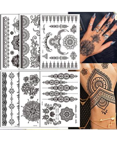 Black Henna Temporary Tattoo Stickers 6 Sheets Water Transfer Lace Pattern Fake Tattoos Mystery Sexy Mandala Flower Body Art Design Waterproof Henna Sticker for Women Girls (Black)