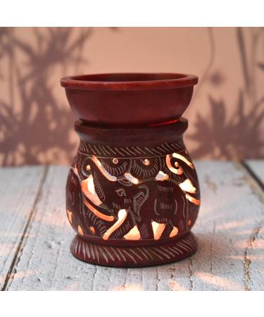 Hand Painted Red Elephant Soapstone Oil Burner Aroma Diffuser | Jali Work Tea Light Holder for Aromatherapy - Buy Online on SooperMarket.com