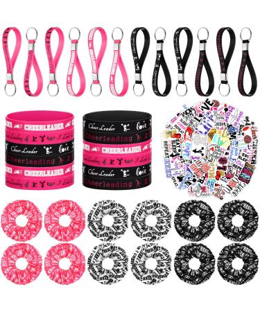 136 Pieces Cheerleading Gifts for Girls 12 Cheer Scrunchies for Girls 12 Cheerleading Silicone Wristbands 12 Inspirational Cheerleading Keychain 100 Cheerleading Stickers for Team Cheer Party Favors