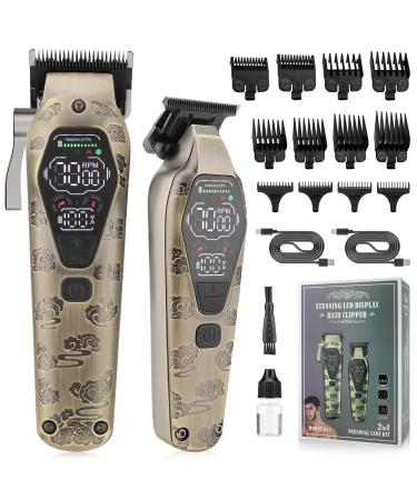 Karrte Professional Hair Clippers for Men Beard Trimmer Clippers Set Cordless Hair Cutting Grooming Haircut Kit with T-Blade Barber Starter Kit Rechargeable Adjustable LED Display Bronze