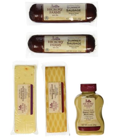 Hickory Farms Smoked Sausage and Cheese Bundle of 5 Items, Summer Sausage Salami, Smoked Cheddar, Jalapeno Cheese, Sweet Hot Mustard. Over 3 Pounds of Snacking