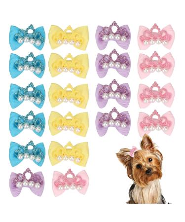 Dog Hair Bows with Rubber Bands 20 Pcs Cute Crown Pearl Bow Dog Hair Bands Hair Rope Pet Hair Accessories Grooming Products for Puppies Cats Small Animals