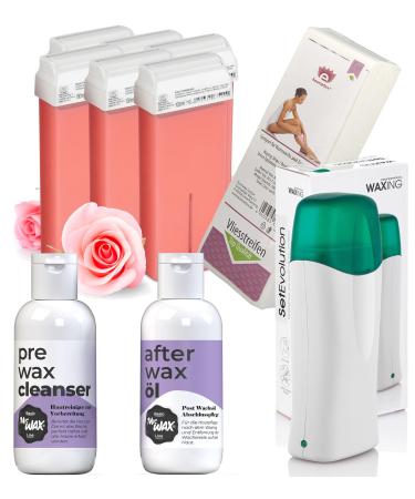 6x wax cartridges pink heater cleaner after wax and 100x fleece strips 1x pre cleaner Mr. Wax 1x after wax each 150ml
