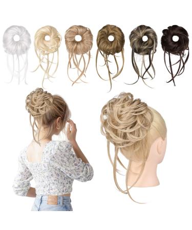REECHO Messy Bun Hair Piece 1PC Super Long Tousled Updo Hair Bun Extensions Wavy Ponytail Hair Scrunchies with Elastic Band Hair Accessory for Women - Medium Blonde with Pale Highlights