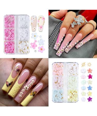 Baoximong 3D Flower Nail Art Charms - White Pink Gold Silver Pearls Rhinestones Spring Cherry Blossom Design - Buy Online on SooperMarket.com