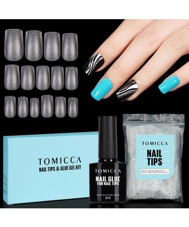 Tomicca artificial nails nail tips for gel nails - short Square nail tips with nail glue set 150 pcs soft gel full cover nail tips professional salon quality - 15 sizes 150stk square