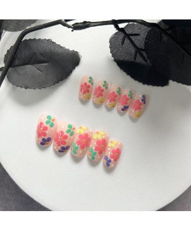 GORS 24 Pcs Colorful French Square Short Press on Nails - Acrylic Full Cover Coffin False Nails for Women - Multicolor 3D Flower Nail Art Decor - Buy Online on SooperMarket.com