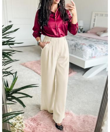 Vetinee Wide Leg High Waisted Dress Pants for Women XL - Vanilla Ice | Business Office Trousers with Pockets - Buy Online on SooperMarket.com