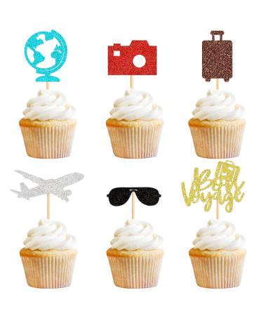 Cyodoos 24 PCS Travel Bon Voyage Airplane Cupcake Toppers Airplane Suitcase map Cake Topper Picks for World Awaits Travel Themed Party Birthday Party Baby Shower Wedding Party Decorations