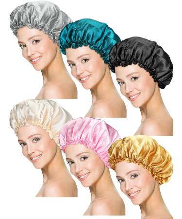 6 Pieces Sleep Cap Satin Bonnet Sleeping Hat Soft Elastic Night Hair Cover for Women Girls (Black  Beige  Silver  Gold  Pink  Peacock Blue)