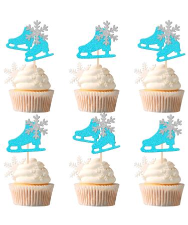 Rsstarxi 24 Pack Ice Skating Cupcake Toppers Glitter Winter Snowflake Ice Sports Theme Cupcake Picks for Skating Theme Baby Shower Kids Birthday Party Cake Decorations Supplies Blue Design 1 Blue