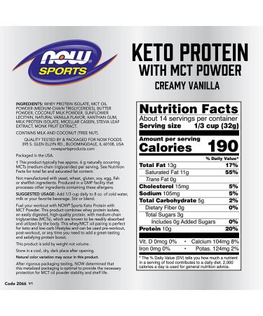 Now Foods Sports Keto Protein with MCT Powder - Creamy Vanilla 1 lb | Low Carb Supplement - Buy Online on SooperMarket.com