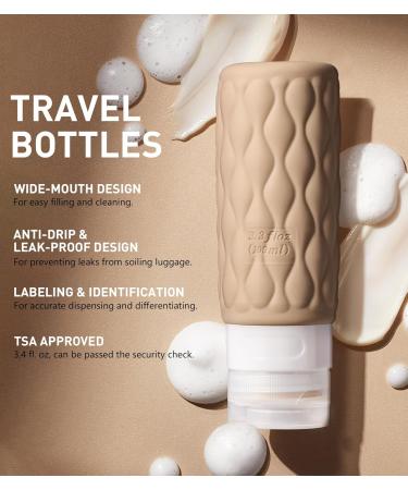 Travel Bottles for Toiletries - TSA Approved Silicone 3.4 oz Set with Clear Bag & Labels - 4 Pack Essential Travel Accessories for Shampoo Conditioner Lotion (Cream - Buy Online on SooperMarket.com