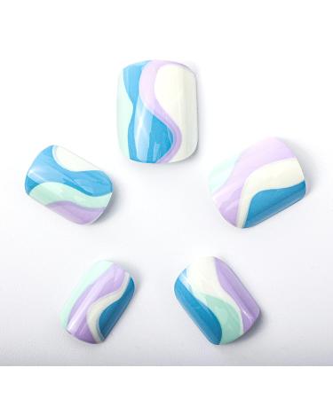 Novo Ovo Short Corner Oval Press On Nails - Purple White Green Strudel - Lavender Stick Artificial Fingernails with Glue for Valentine's Day | International Shipping - Buy Online on SooperMarket.com