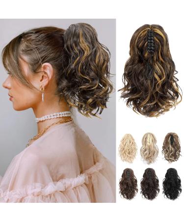 REECHO Ponytail Extension Claw Clip in Ponytail Hair Extensions 10 Inch Short Curly Ponytail Natural Wavy Synthetic Hairpiece for Women Chocolate Brown with Golden Highlights 10 Inch Chocolate Brown with Golden Highlights