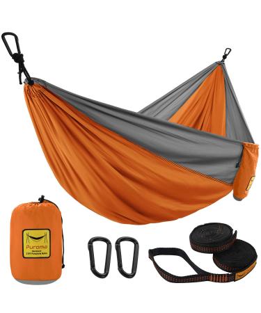 Puroma Camping Hammock Single & Double Portable Hammock Ultralight Nylon Parachute Hammocks with 2 Hanging Straps for Backpacking Travel Beach Camping Hiking Backyard Orange & Grey Large