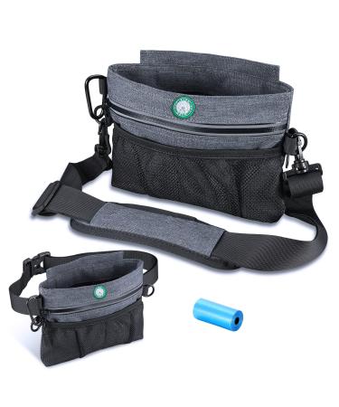 Dog Treat Training Pouch with Magnetic Closure Brifit Pet Out Dog Treat Pouches Removable Inner Double Pocket Padded Carrying Straps Built-in Poop Bag Dispenser Dog Food Walking Bag (1 Roll Waste Bag) Grey