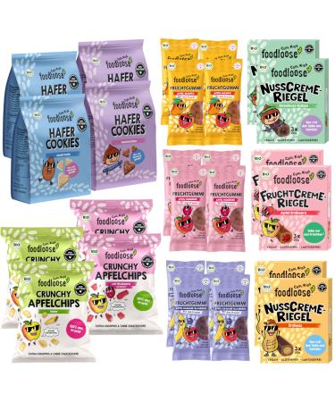 Footoodlose Cool Kids Tasting Package | Delicious Bio Sweets Mix with 38 snacks without sophisticated sugar vegan & wheat -free |Box with fruit gums fruit and nut cream bars apple chips & cookies cool kids trial package large
