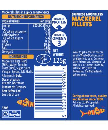 Princes Mackerel Fillets in Spicy Tomato Sauce 125G (Pack of 10) - Buy Online on SooperMarket.com