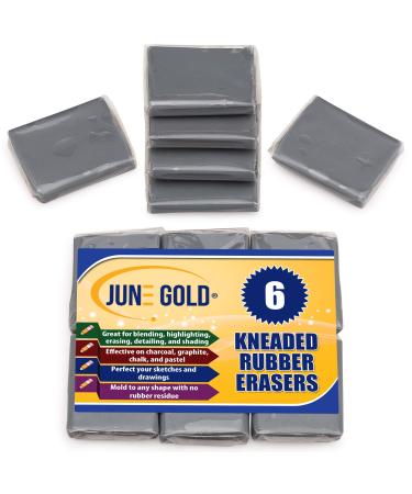 June Gold Kneaded Rubber Erasers Gray 6 Pack - Blend Shade Smooth Correct and Brighten Your Sketches and Drawings