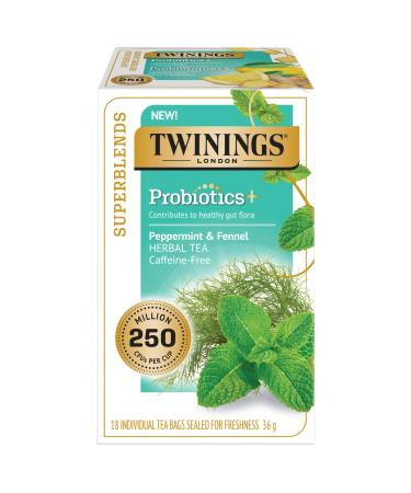 Twinings Probiotic Peppermint & Fennel Flavoured Herbal Tea 250 Million CFUs per Cup Caffeine-Free Promotes Gut Health 18 Count (Pack of 6) | Enjoy Hot or Iced