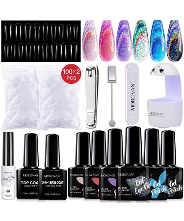 Morovan Gel Nail Polish Kit with U V Light - Gel Polish Kit Cat Eye Gel Nail Polish Black Solid Gel Liner Nail Polish Base Gel Top Coat Gel Nail Polish Set